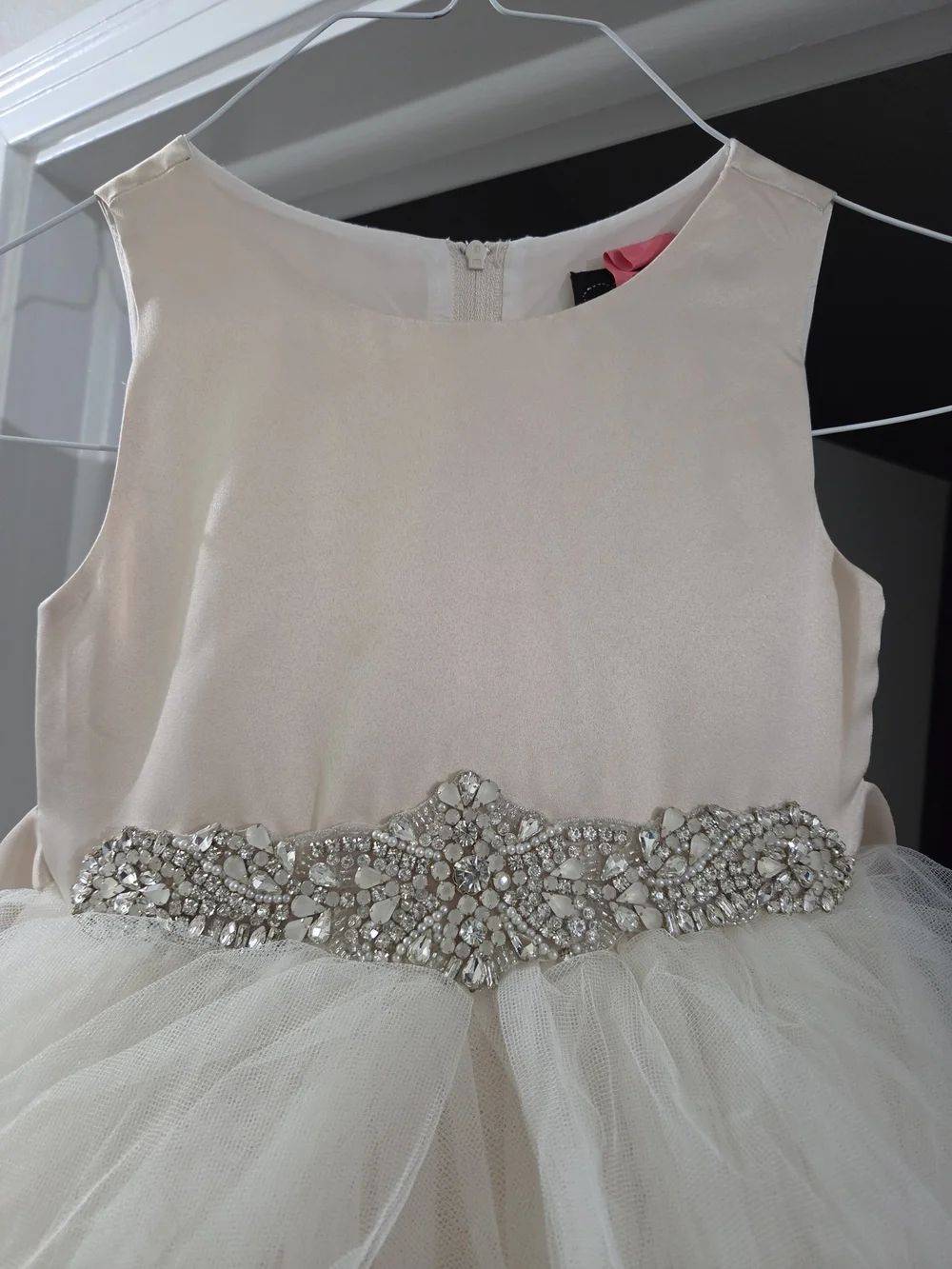 Girls Cream Tulle Party Dress with Rhinestone Waist